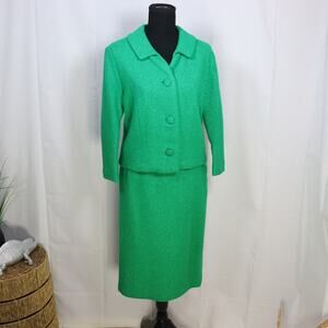 Vintage Handmade Green Wool Skirt Suit 2pc Set XS